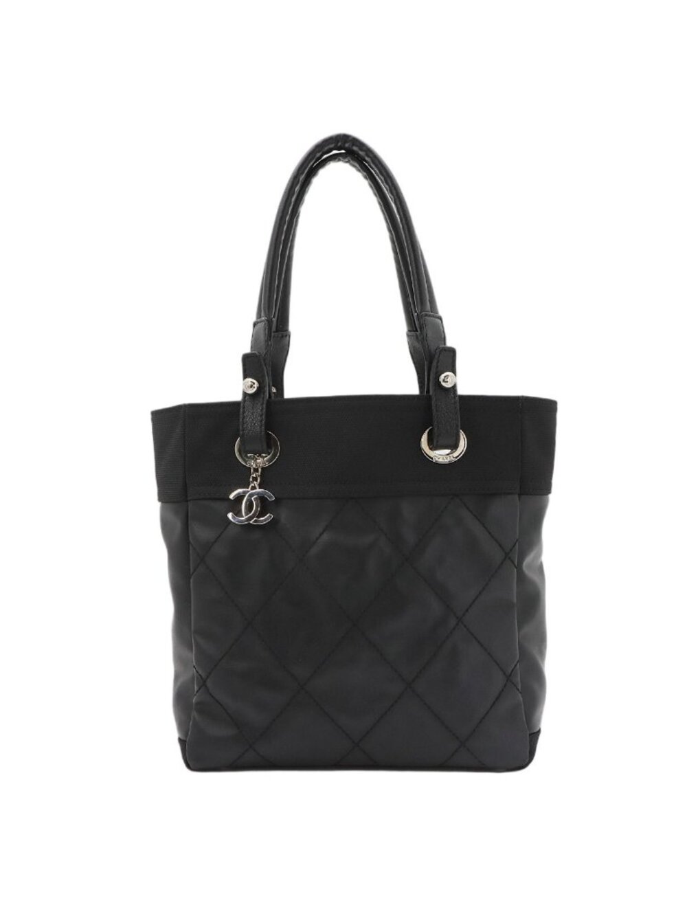 Chanel Paris Biarritz PM Tote Nylon Leather Black Silver